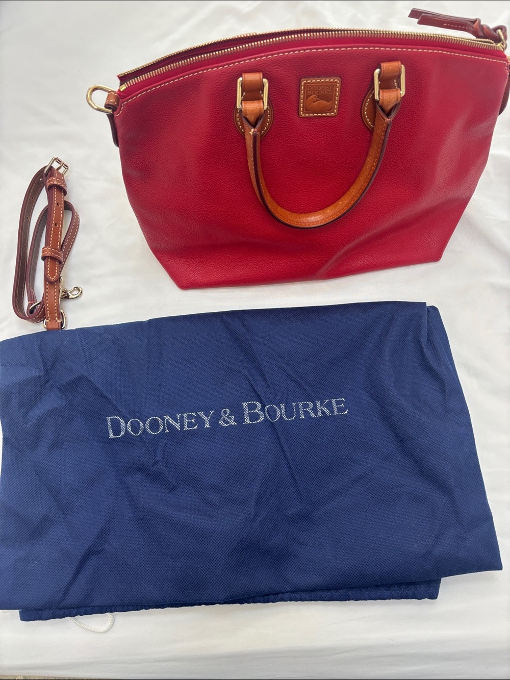 Dooney & Bourke Red Leather Satchel with Brown Trim and Strap